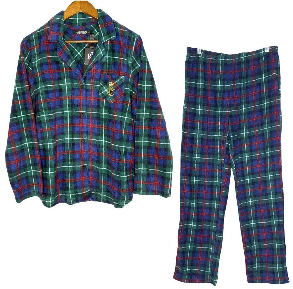 Ralph Lauren Pajama Crest Logo Set Womens Medium Navy Blue Plaid Fleece 2pc